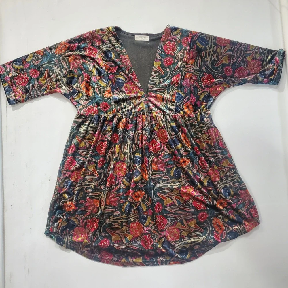 Natural Life Velvet Floral V-Neck Mini Dress Multi-Color Boho Bell Sleeve Small - Picture 5 of 10
